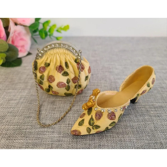 Vintage Miniature Nostalgia Decorative Handbag & Shoe Beige Floral, Knick Knack‎ - Picture 1 of 6